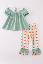 Load image into Gallery viewer, Green pumpkin bow embroidery ruffle pants set
