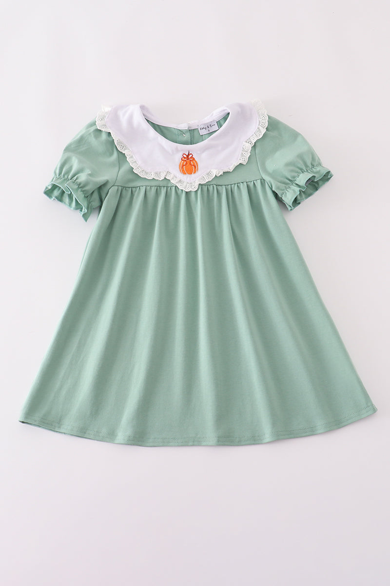 Green pumpkin bow embroidery dress