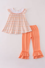 Load image into Gallery viewer, Orange pumpkin embroidery plaid ruffle pants set

