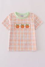 Load image into Gallery viewer, Orange pumpkin embroidery plaid top
