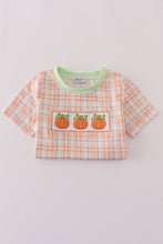 Load image into Gallery viewer, Orange pumpkin embroidery plaid top
