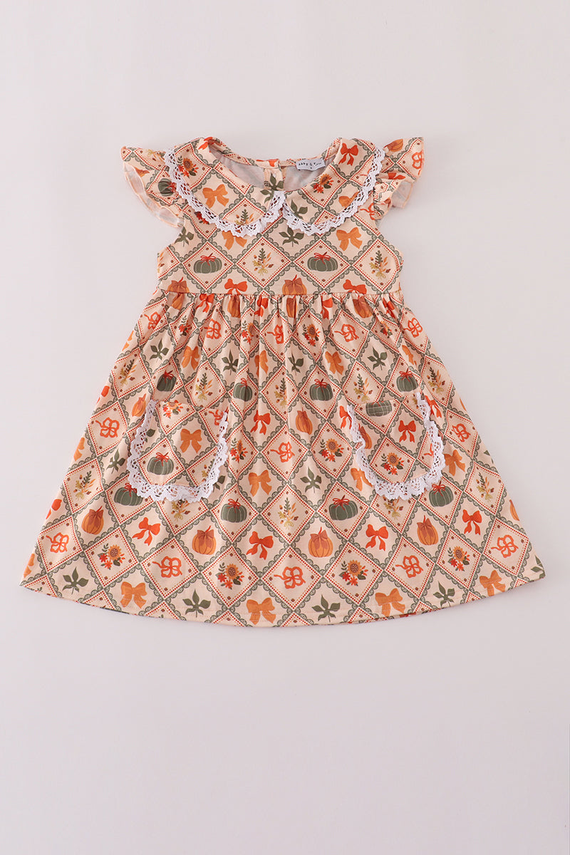 Green pumpkin bow print dress