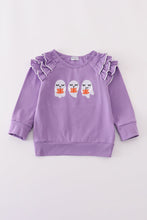 Load image into Gallery viewer, Purple ghost pumpkin embroidery ruffle top
