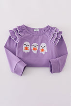 Load image into Gallery viewer, Purple ghost pumpkin embroidery ruffle top
