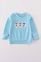 Load image into Gallery viewer, Blue ghost pumpkin embroidery top
