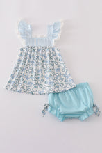 Load image into Gallery viewer, Blue bow &amp; lace print ruffle bloomer set
