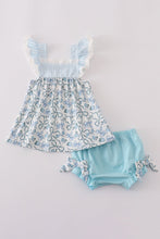 Load image into Gallery viewer, Blue bow &amp; lace print ruffle bloomer set
