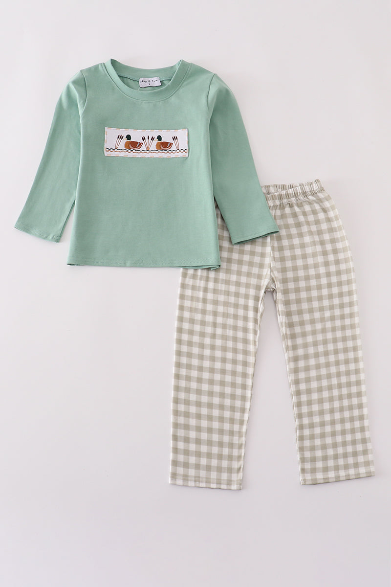 Green duck embroidery pants set