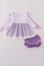 Load image into Gallery viewer, Lavender ribbon lace embroidery gingham bloomer set
