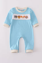 Load image into Gallery viewer, Blue puppy french knot romper
