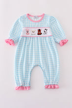 Load image into Gallery viewer, Blue farm embroidery gingham ruffle romper

