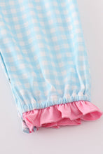 Load image into Gallery viewer, Blue farm embroidery gingham ruffle romper
