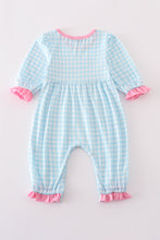 Load image into Gallery viewer, Blue farm embroidery gingham ruffle romper
