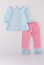 Load image into Gallery viewer, Blue farm embroidery gingham ruffle pants set

