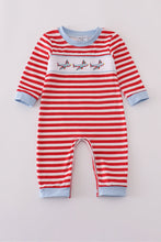Load image into Gallery viewer, Red airplane embroidery stripe romper
