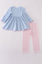 Load image into Gallery viewer, Blue airplane embroidery stripe ruffle pants set

