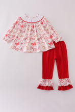 Load image into Gallery viewer, Red bow smocked ruffle pants set
