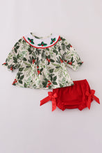 Load image into Gallery viewer, Green holly floral smocked bow bloomer set
