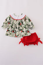 Load image into Gallery viewer, Green holly floral smocked bow bloomer set
