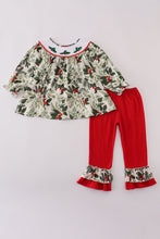 Load image into Gallery viewer, Green holly floral smocked ruffle pants set
