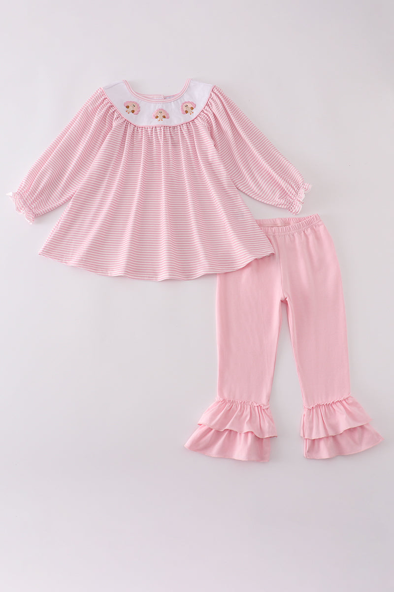 Pink turkey embroidery stripe ruffle pants set