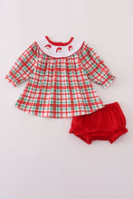 Load image into Gallery viewer, Red santa claus embroidery plaid bloomer set
