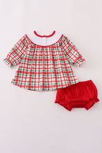 Load image into Gallery viewer, Red santa claus embroidery plaid bloomer set

