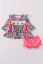 Load image into Gallery viewer, Blue christmas tree smocked ruffle bloomer set
