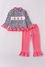 Load image into Gallery viewer, Blue christmas tree smocked ruffle pants set
