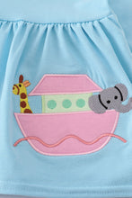 Load image into Gallery viewer, Blue Noah&#39;s Ark applique ruffle bloomer set
