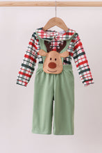 Load image into Gallery viewer, Green christmas reindeer applique plaid 2pc jumpsuit set
