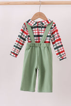 Load image into Gallery viewer, Green christmas reindeer applique plaid 2pc jumpsuit set
