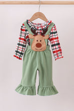 Load image into Gallery viewer, Green christmas reindeer applique ruffle jumpsuit set
