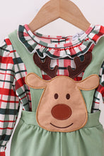 Load image into Gallery viewer, Green christmas reindeer applique ruffle jumpsuit set
