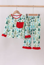 Load image into Gallery viewer, Green christmas tree print ruffle pajamas set
