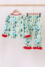 Load image into Gallery viewer, Green christmas tree print ruffle pajamas set
