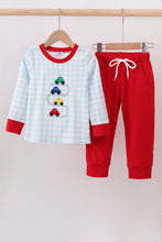 Load image into Gallery viewer, Blue car embroidery gingham pants set
