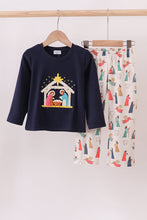 Load image into Gallery viewer, Navy nativity french knot pants set
