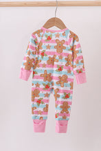 Load image into Gallery viewer, Pink christmas gingerbread bamboo pajamas zipper romper
