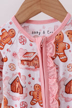 Load image into Gallery viewer, Gingerbread house ruffle bamboo pajmas zipper romper
