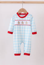 Load image into Gallery viewer, Blue gingerbread house embroidery gingham romper
