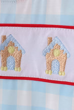Load image into Gallery viewer, Blue gingerbread house embroidery gingham romper

