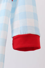 Load image into Gallery viewer, Blue gingerbread house embroidery gingham romper
