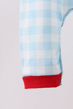 Load image into Gallery viewer, Blue gingerbread house embroidery gingham romper
