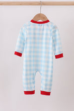 Load image into Gallery viewer, Blue gingerbread house embroidery gingham romper
