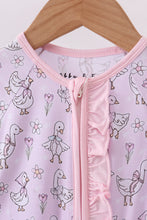 Load image into Gallery viewer, Pink floral bow duck bamboo ruffle zipper romper
