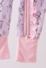 Load image into Gallery viewer, Pink floral bow duck bamboo ruffle zipper romper
