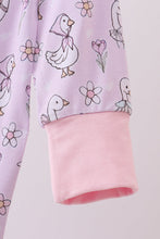 Load image into Gallery viewer, Pink floral bow duck bamboo ruffle zipper romper
