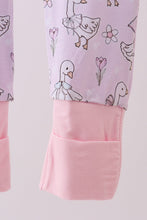 Load image into Gallery viewer, Pink floral bow duck bamboo ruffle zipper romper
