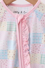 Load image into Gallery viewer, Pink floral checkered bamboo pajamas zipper romper
